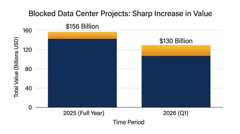 The value of data center projects delayed in the first quarter of 2026 nearly matched the total for the entire previous year.