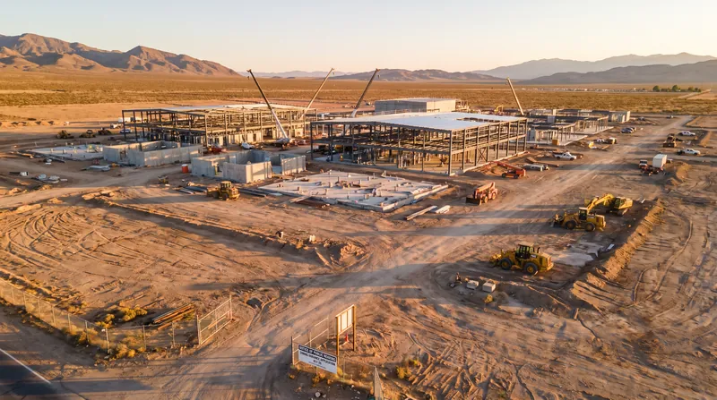 A partially constructed data center campus in a desert landscape with idle heavy machinery behind a chain-link fence.