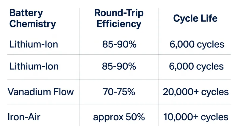 Trade-offs between efficiency and cycle life define the economic profile of different storage technologies.