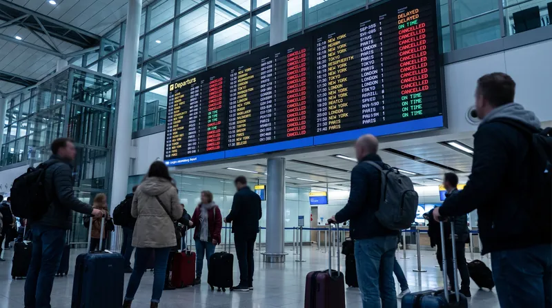 A large electronic departure board at an international airport showing multiple flight statuses marked as cancelled in red text.