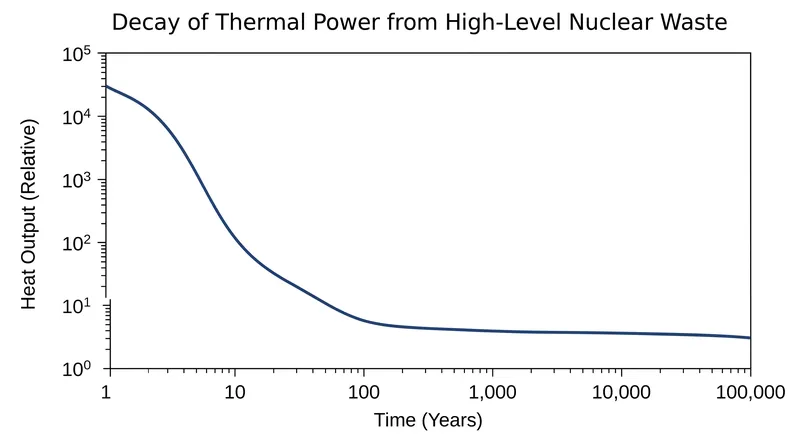 The thermal output of high-level waste drops significantly in the first century, dictating when it can be moved to permanent geological disposal.