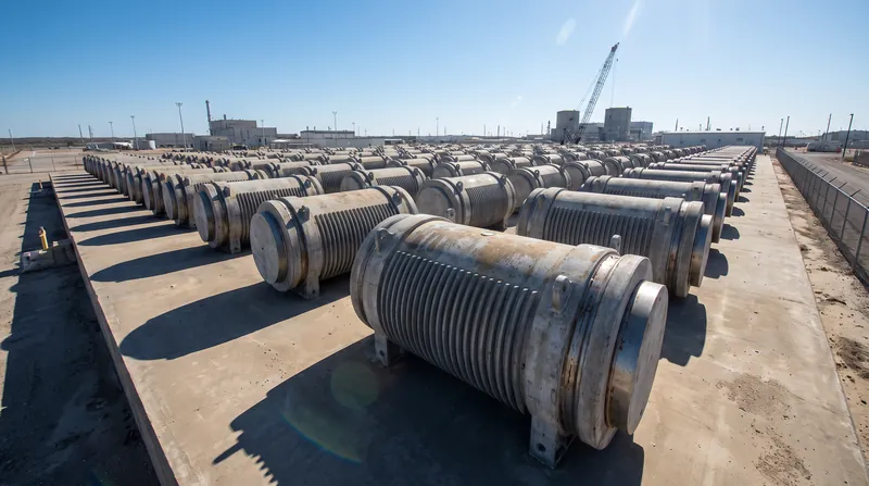 Several large cylindrical concrete and steel dry cask storage containers standing upright on a concrete pad outdoors.