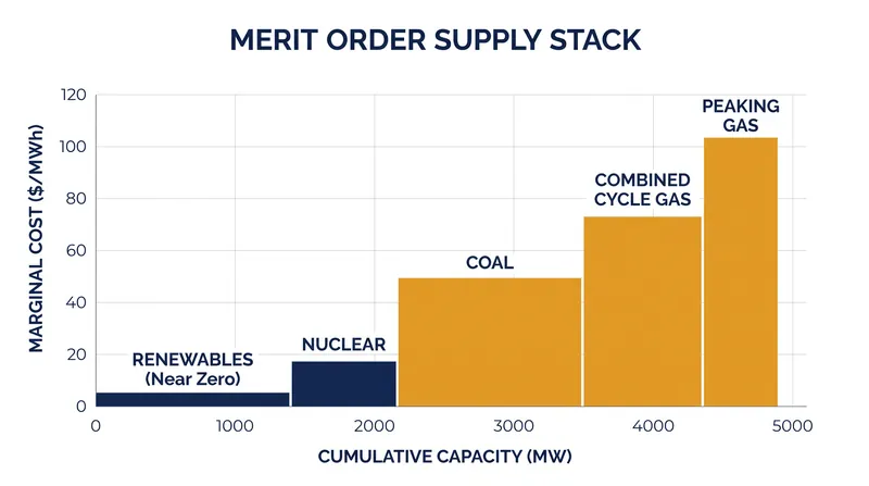 The merit order stack ranks available generation units from the lowest to the highest short-run marginal cost.
