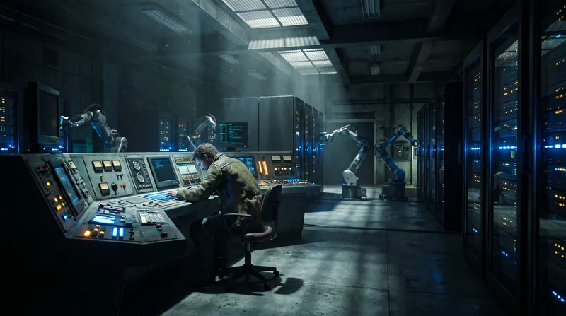 A human operator sits alone in a dark room surrounded by glowing server racks and autonomous machinery.