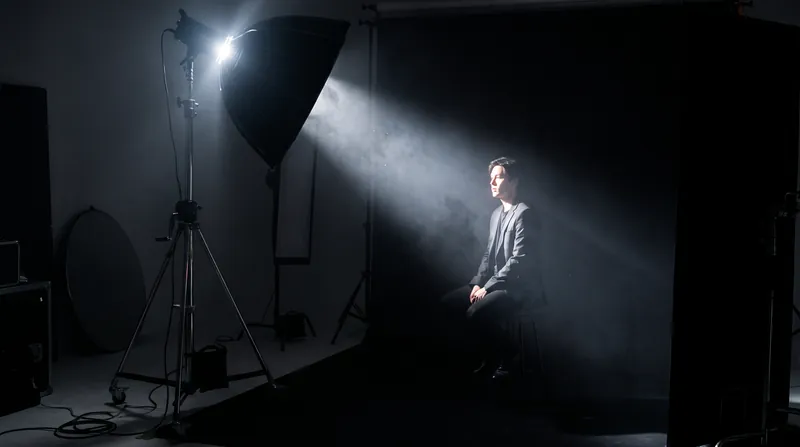 A bright studio strobe light illuminating a subject against a pitch-black background, demonstrating light falloff.