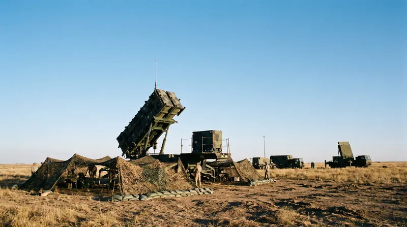 A Patriot air defense missile launcher positioned in an open field against a clear sky.