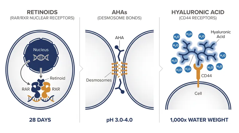 Retinoids, exfoliating acids, and hyaluronic acid operate on entirely non-intersecting cellular pathways.