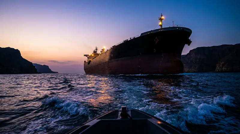 A large commercial oil tanker sails through a narrow, dark sea channel surrounded by arid mountains at dusk.