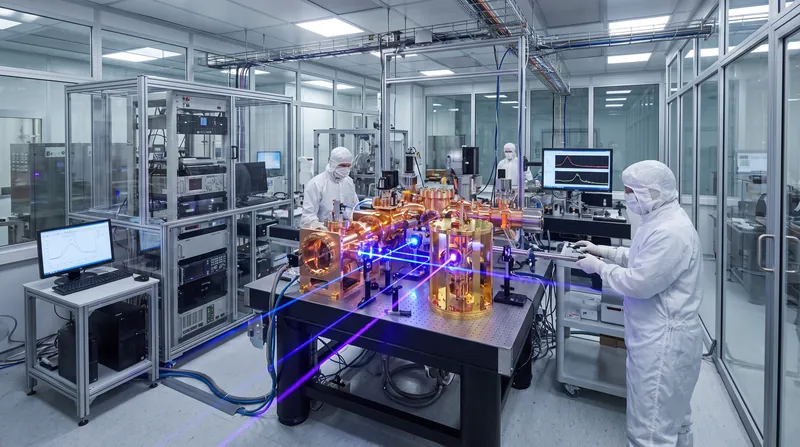 A complex trapped-ion quantum simulator with gold components illuminated by blue laser beams in a laboratory.