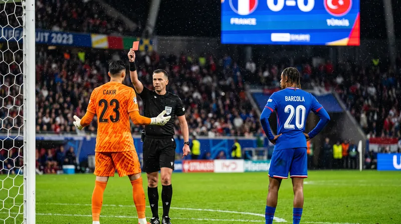 Türkiye goalkeeper Uğurcan Çakır was sent off late in the match for handling the ball outside his penalty area.