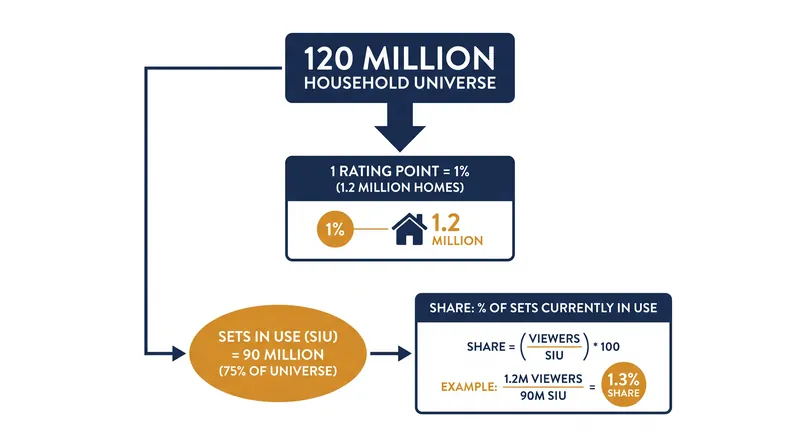 A single Rating Point represents one percent of the total possible television universe, while Share measures competitive dominance.