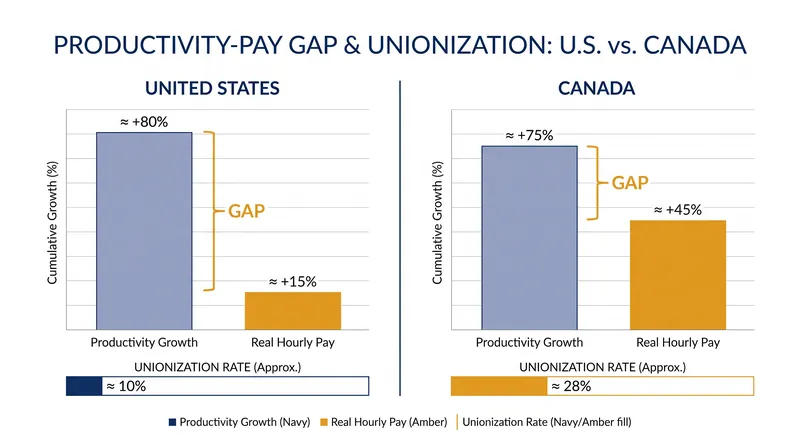 Cross-border comparisons reveal that stronger labor institutions correlate with a smaller productivity-pay gap.