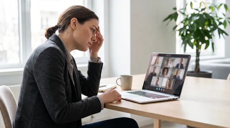 A professional looking exhausted while staring at a laptop screen displaying a grid of blurred video conference faces in a modern office.