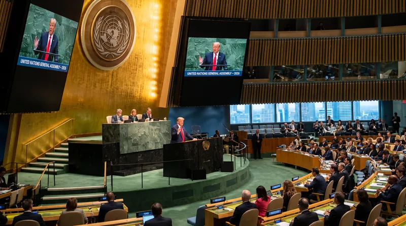 US President Donald Trump speaking at the podium of the United Nations General Assembly hall.