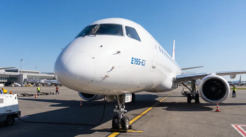 An Embraer E195-E2 commercial passenger jet parked on an airport tarmac during daytime operations.