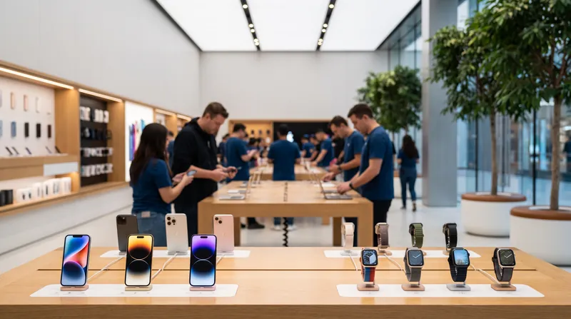 A display table inside an Apple Store showing several iPhones and Apple Watches under bright lighting.