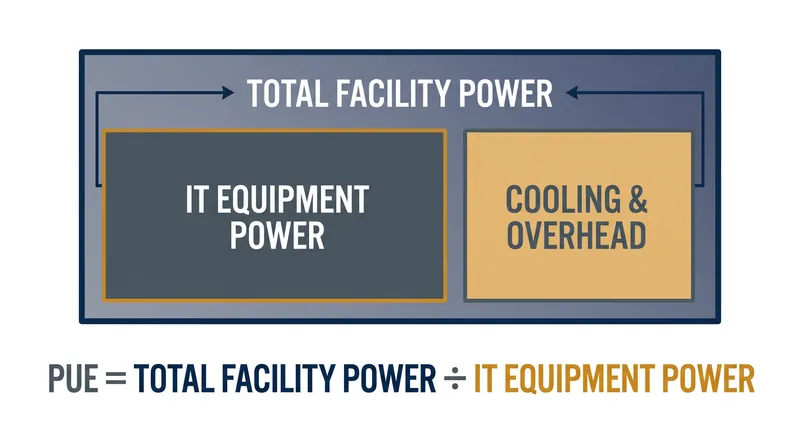 The PUE ratio compares the total energy entering the building to the energy that actually reaches the servers.