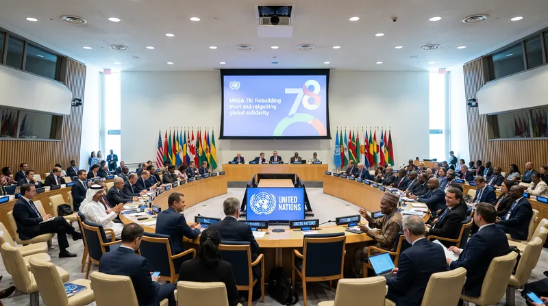Wide view of delegates and global leaders seated in the United Nations General Assembly plenary hall.