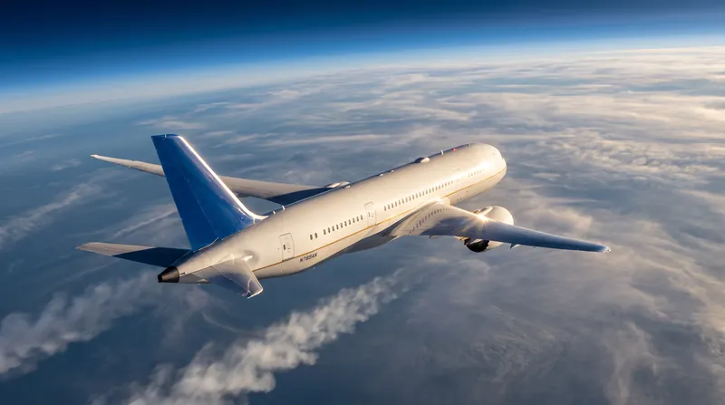 A modern commercial airliner cruising high above the clouds, reflecting sunlight off its sleek fuselage.