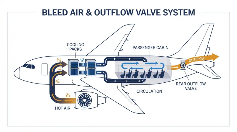 Pressurization is a continuous cycle of cooled engine bleed air entering the cabin and stale air exiting through the outflow valve.