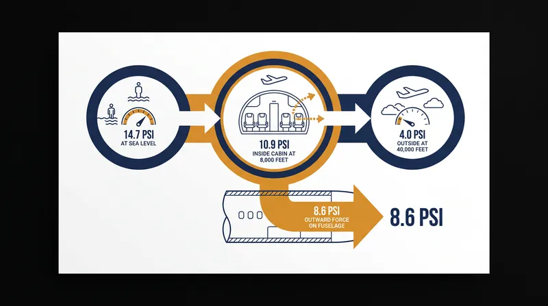 Capping the cabin altitude at 8,000 feet reduces the outward structural load on the fuselage by nearly 20 percent.
