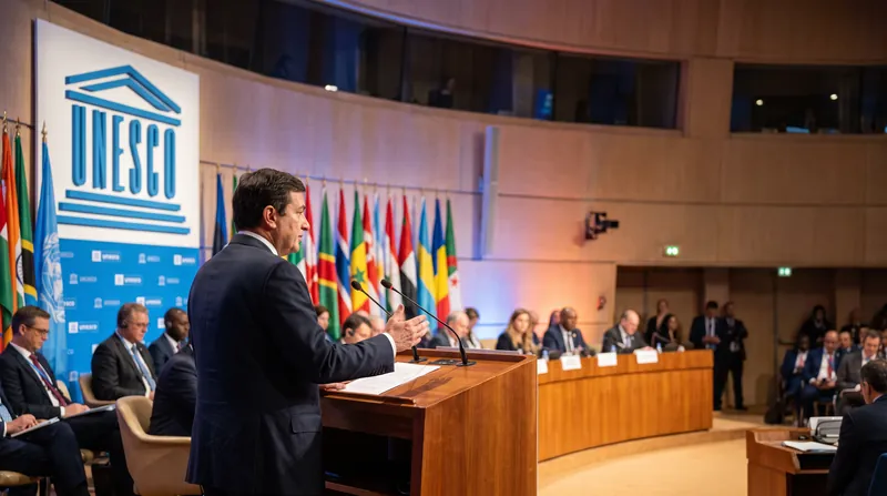 A wide view of the plenary hall at UNESCO headquarters in Paris, with a speaker at the podium and international flags in the background.