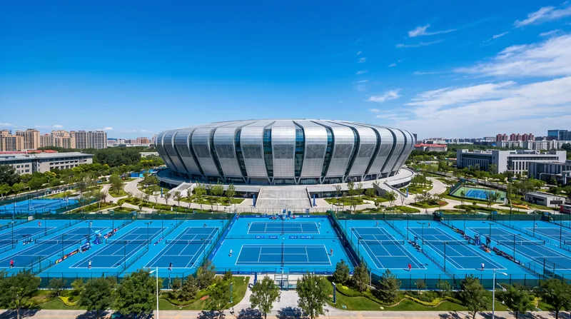 The China National Tennis Centre, originally built for the 2008 Olympics, hosts the massive 96-player WTA 1000 draw.