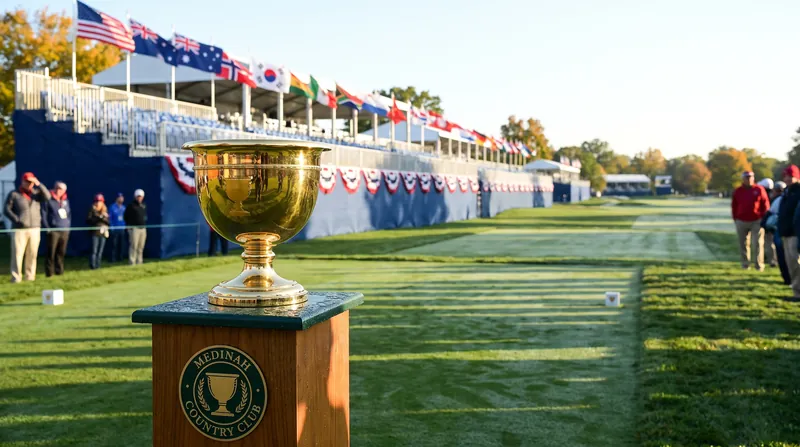 The golden Presidents Cup trophy sits on a tee box surrounded by grandstands and international flags.