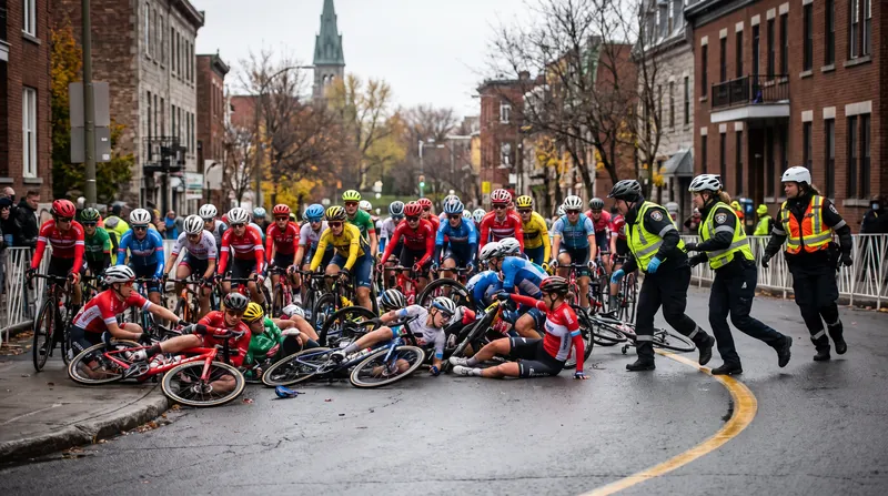 Professional female cyclists tangled on the road with their bicycles after a high-speed crash.