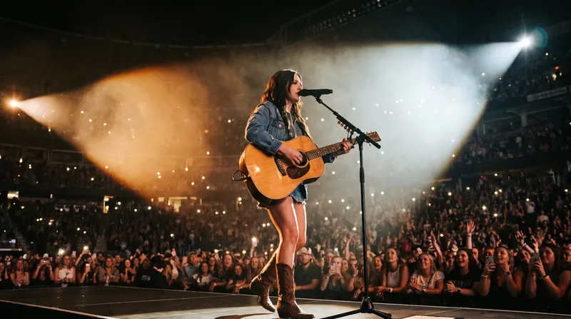 Country-pop artist Ella Langley performing live on stage with an acoustic guitar under bright concert lights.