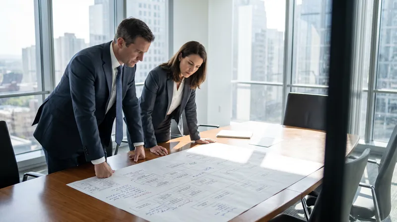 Two corporate executives looking at an organizational chart spread across a boardroom table.