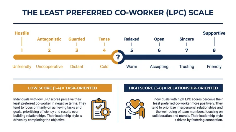 The LPC scale categorizes leaders based on how generously they rate their most difficult colleague.