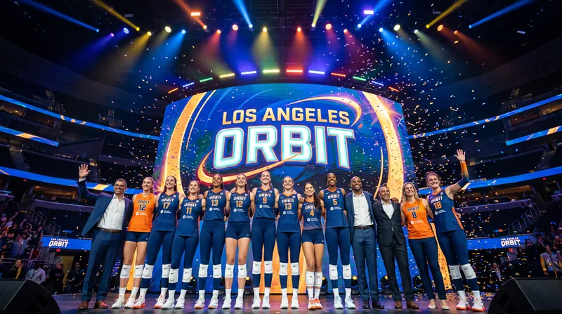 Female volleyball players and investors standing on a brightly lit stage at the Intuit Dome.