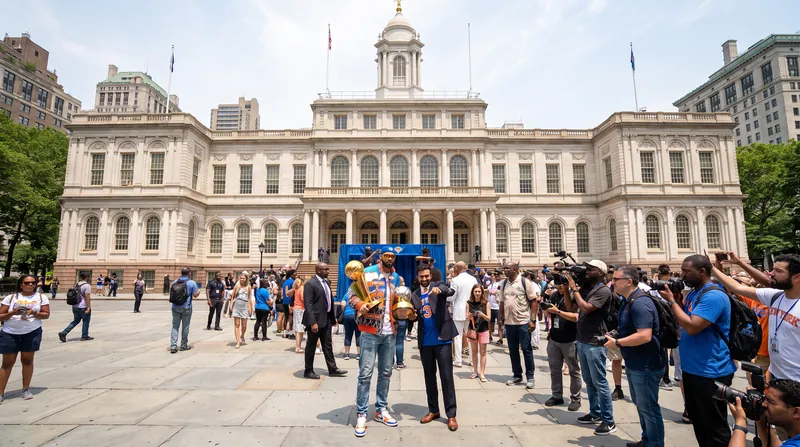 The exterior of New York City Hall on a clear day with people walking in the foreground.