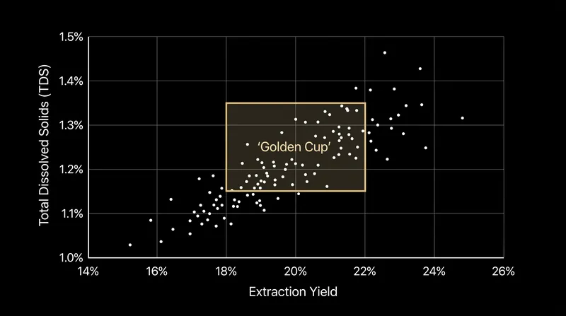 The Golden Cup Standard is defined by the intersection of 18-22% extraction yield and 1.15-1.35% Total Dissolved Solids.