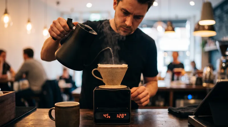A barista pours hot water from a gooseneck kettle over a coffee dripper resting on a digital scale.