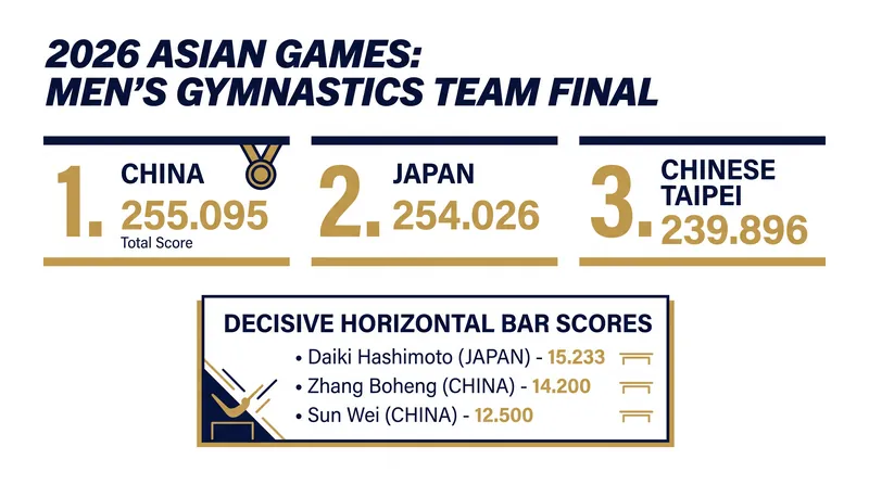 China edged Japan by just 1.069 points following a chaotic final rotation on the horizontal bar.