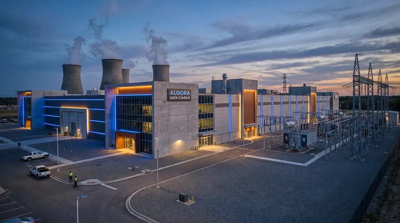 A large, modern industrial data center building at dusk with glowing lights and cooling infrastructure.