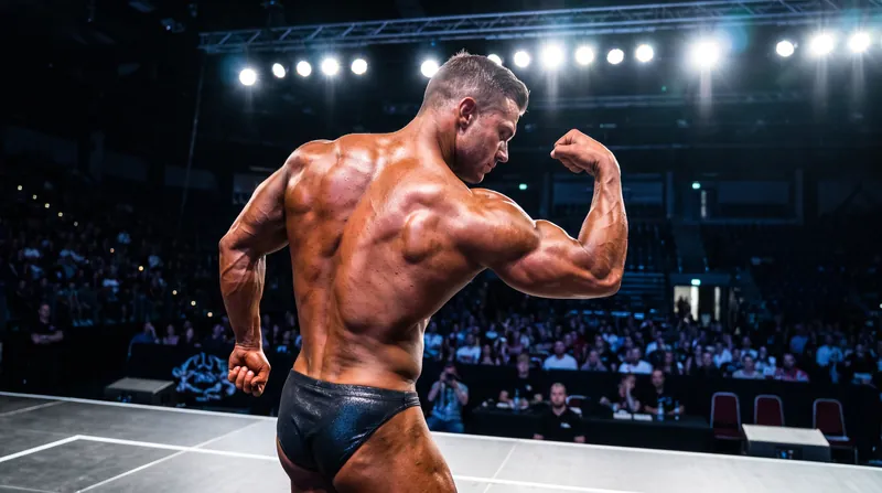 Male bodybuilder Niall Darwen posing on a brightly lit competition stage in Las Vegas.
