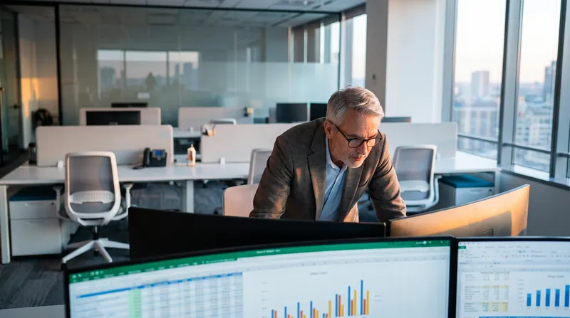 A seasoned corporate professional reviews data on a dual-monitor setup in a modern office.