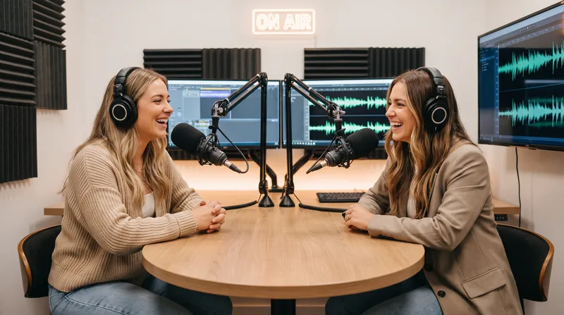 Two young women sitting in a modern broadcast studio, laughing into professional microphones.