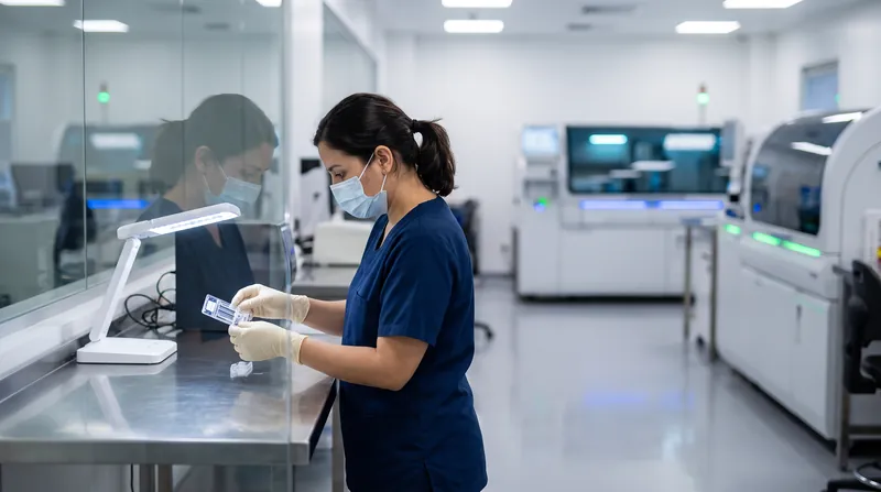 A medical laboratory technician in blue scrubs examines a diagnostic test cartridge under bright white lighting.