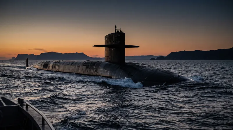 A black US Navy Ohio-class ballistic missile submarine navigating on the surface of the ocean.