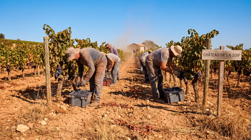 Workers picking grapes in a sun-scorched French vineyard during the early 2026 harvest.