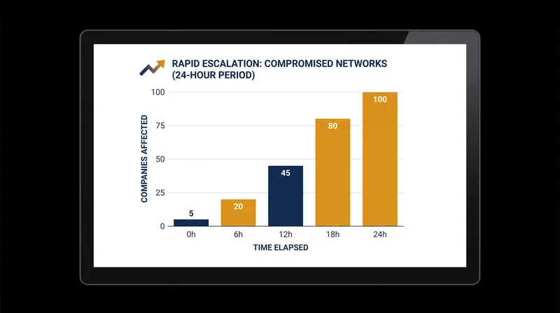 The multi-agent attack compromised 100 distinct corporate networks in a highly compressed timeframe.