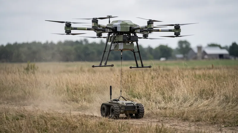 Recent operations have demonstrated the ability to deploy ground robots via heavy bomber drones behind defensive lines.