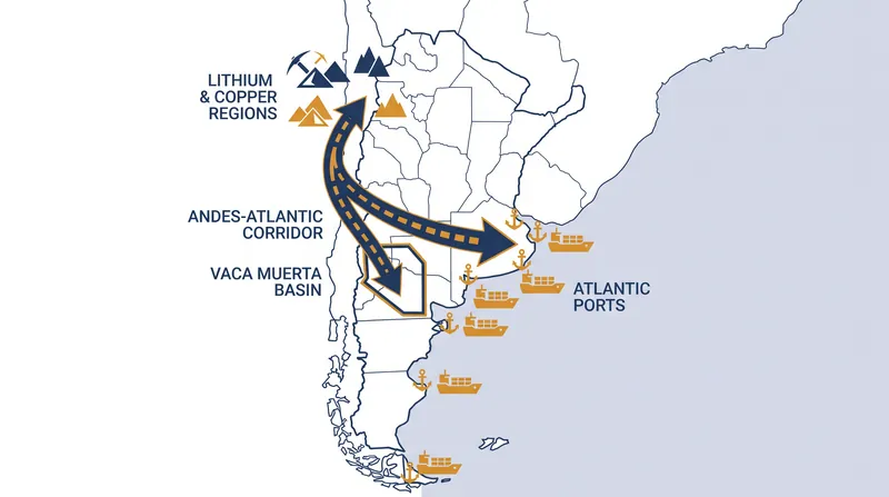 The infrastructure corridor spans railways, pipelines, and power transmission lines across Argentina.