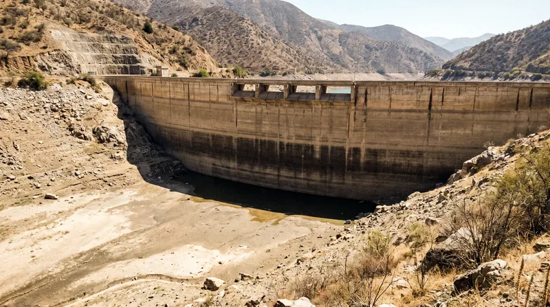 A concrete hydroelectric dam wall showing a low water line against a dry, sunlit landscape.