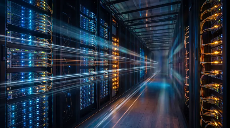 A long aisle of glowing server racks inside a modern data center.
