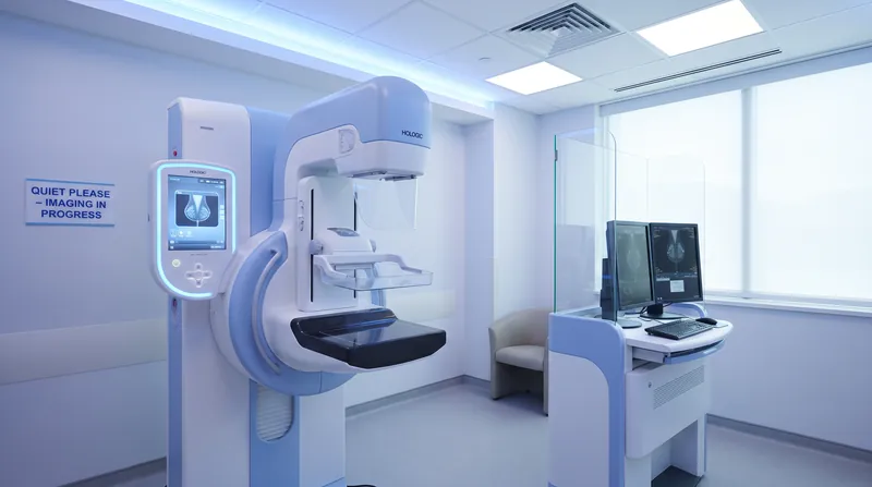 A modern mammography machine in a brightly lit, sterile clinical examination room.